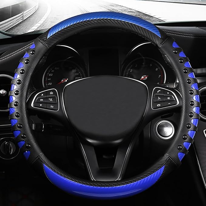 3D Massage Blue Carbon Fiber Leather Steering Wheel Cover, 14.5-15 Inch Non-Slip Breathable Microfiber Car Steering Wheel Pro