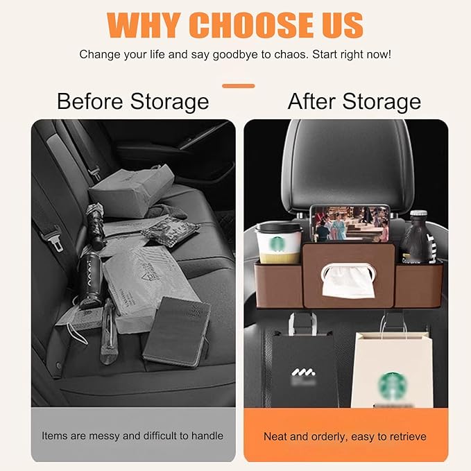 UKM 3-in-1 Back Seat Car Organizer, Car Backseat Storage Box with Cup Holder, Tissue Box&Hooks, Multifunctional Waterproof Storage for Hold Phones Drinks Handbags (White)