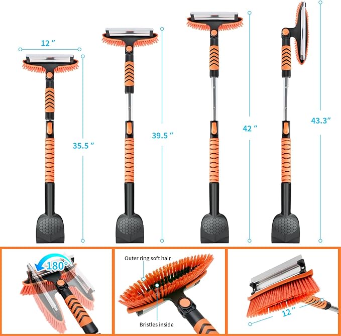 43.3'' Snow Shovel & Snow Brush with Ice Scrapers for Car Windshield,5-in-1 Extendable Thicken Aluminum Tube,180° Pivoting Brush Head & Foam Grip for Christmas, Cars, Trucks, SUVs, Vehicle(Orange