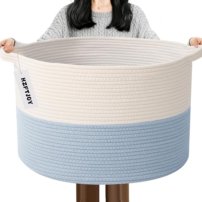 65L Extra Large Woven Cotton Rope Blanket Basket with Handles, Laundry Hamper Storage Bin for Pillows, Comforters,Clothes, To
