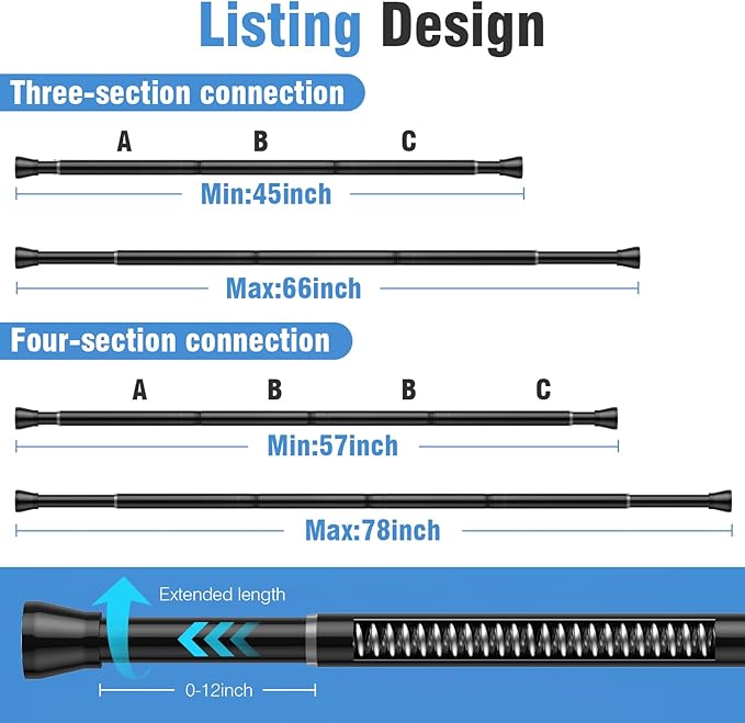 AIZESI 2 Pack Tension Curtain Rod for Windows 45 to 77 Inch, Adjustable Expandable Spring Curtain Rods No Drilling, Non Slip 