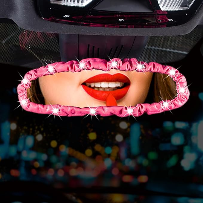 Dotesy 3 PCS Bling Rearview Mirror Cover, Elastic PU Leather Auto Rear View Mirror Protector with Butterfly Car Interior Accessories Universal for Car, SUV, VAN (Pink)