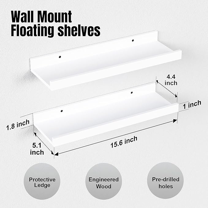 RICHER HOUSE 3 Set White Floating Shelves, 16 inches Wall Mounted White Shelves for Wall Decor, Picture Ledge Shelf with Lip 