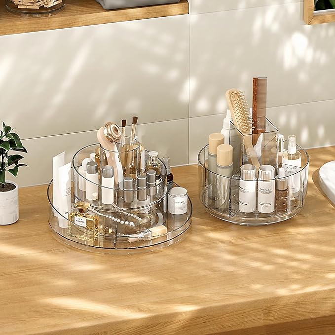 Taiuloo 360 Rotating Makeup Organizer, Lazy Susan Cosmetics Storage Turntable, Round Spinning Brush & Pen Holder, Clear Acryl