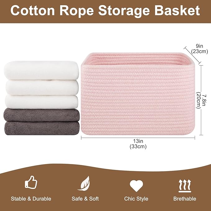 OIASKET Storage Baskets for Organizing, Woven Decorative Baskets for Shelves - Books, Towels, and Clothes, Cotton Rope Toy St