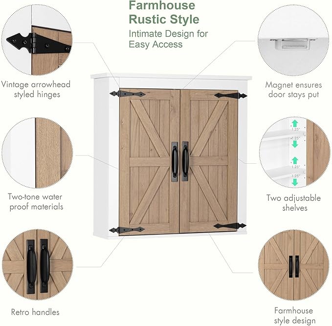 Spirich Bathroom Wall Cabinet Over Toilet, Farmhouse Wall Mounted Medicine Cabinet Organizer with Wood Grain Barn Doors and A