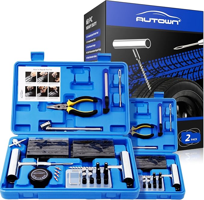 AUTOWN Flat Tire Repair Kit with Plug 68 Pcs for Car, Motorcycle, ATV, Jeep, Truck, Tractor Flat Tire Repair (2-Pack) (Set of