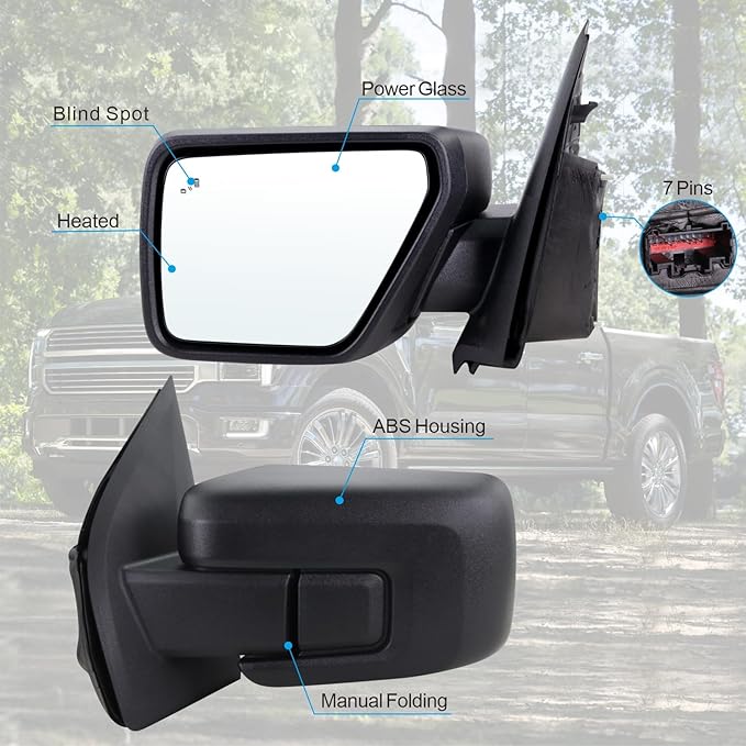 Left Driver Side Door Mirror Compatible With 2021 2022 2023 2024 2025 2026 Ford F150 With Power Glass Manual Folding Heated Blind Spot Matte Black Replace#ML3Z17683VA(7 Pins)