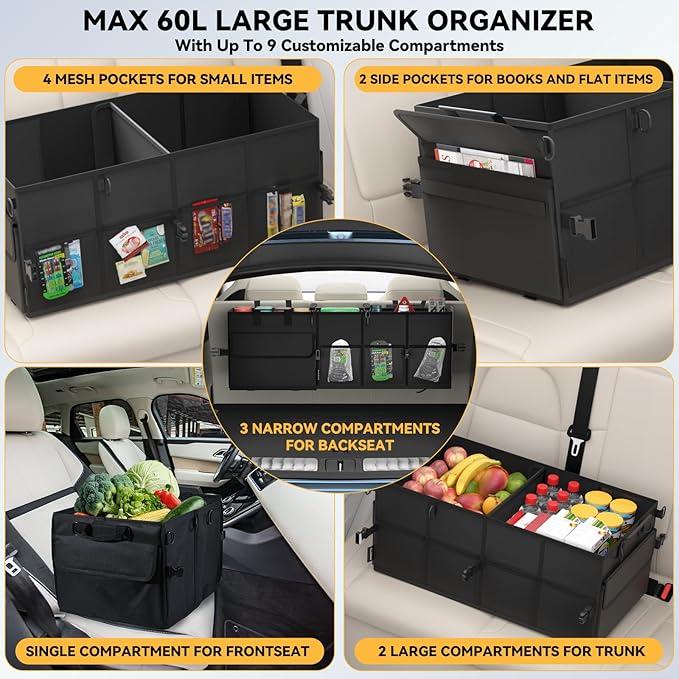 Car Trunk Organizer for SUV 60L Backseat Car Organizer Back Seat Large Storage Trunk Compartment Collapsible Car Caddy Heavy