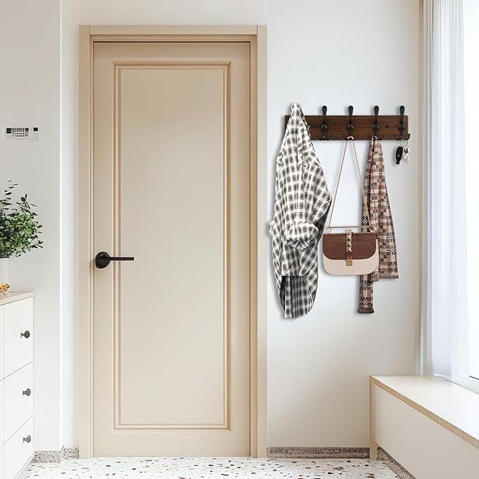 Wooden Coat Rack Wall Mount Heavy Duty, 2 Pack Coat Hanger Wall Mount with 5 Triple Hooks for Clothes, Jacket, Hat, Keys, Spa