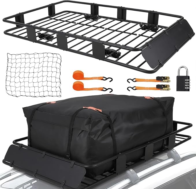 Towallmark 64"x39" Universal Roof Rack Basket with Cargo Bag, Adjustable Steel Roof Cargo Basket up to 200 lbs Capacity, Car Top Carrier for SUV, Truck, and Vehicle Rooftop Storage