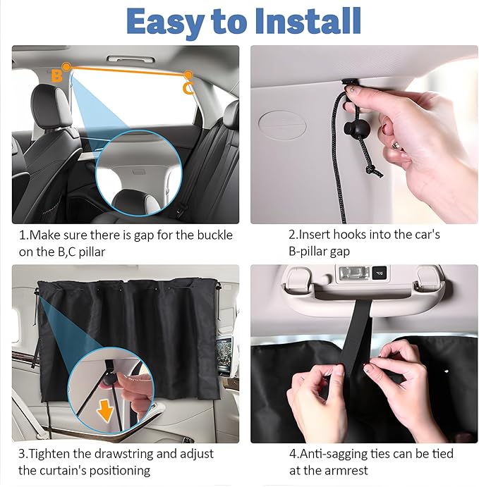 XCBYT Car Window Shades - 2 Pack Side Window Sun Shade Privacy Curtains Upgrade Anti-Fallout Hook 99% Light Block Keeps Cooler Car Blackout Covers for Baby Sleeping Camping Travel Nap