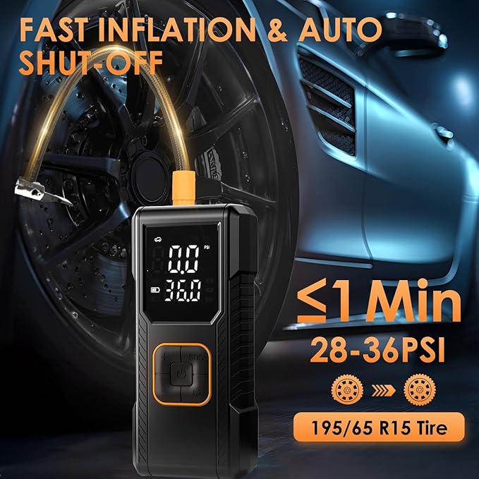 Tire Inflator Portable Air Compressor, 150PSI Cordless Air Pump For Car Tires, Bike Pump, Motorcycle, Balls, Portable Tire Inflator with Digital Pressure Gauge, 3X Fast Inflation, Auto Shut-off