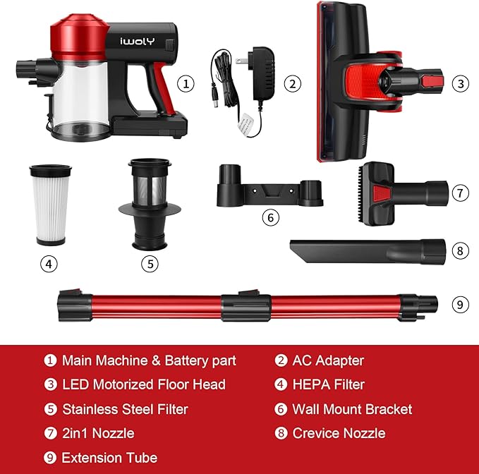 iwoly C150 Cordless Vacuum Cleaner Rechargeable with 2200mAh Detachable Battery, 18000Pa Cyclone Vacuum with HEPA Filter, Lig