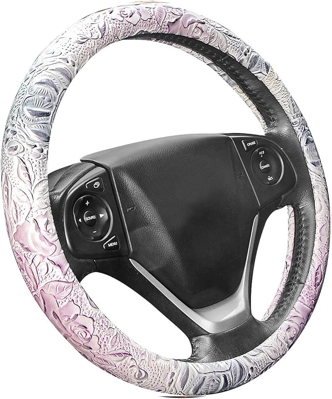 Car Steering Wheel Cover Universal 15 Inch Middle Size Auto Anti-Slip Leather Wheel Protector with Flower Grain Design White Style