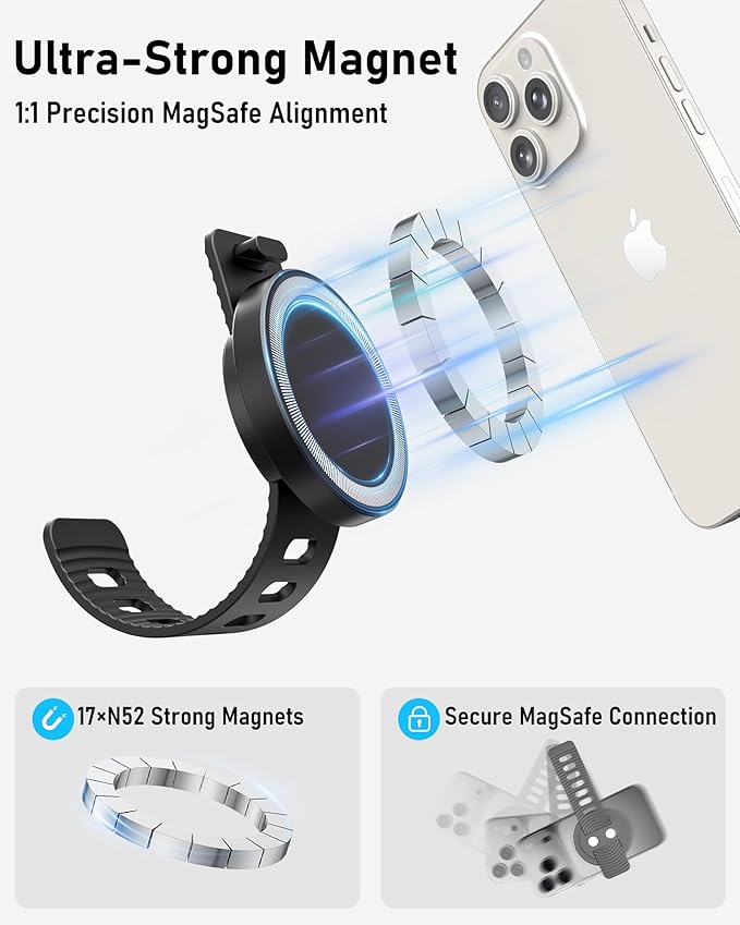 Stroller Phone Holder, Compatible with MagSafe, Magnetic Handlebar Mount, 17x N52 Strong Magnets, Fits Treadmills, Peloton, Shopping & Golf Carts, Adjustable Strap, iPhone 12–17 & Android