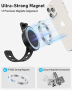 Stroller Phone Holder, Compatible with MagSafe, Magnetic Handlebar Mount, 17x N52 Strong Magnets, Fits Treadmills, Peloton, Shopping & Golf Carts, Adjustable Strap, iPhone 12–17 & Android