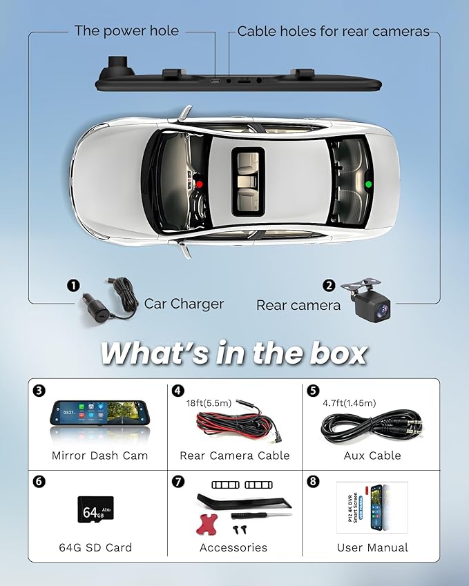 4K Rear View Mirror Camera with Carplay&Android Auto,12" Mirror Dash Cam Front and Rear with Voice Control for Cars&Trucks,Sm