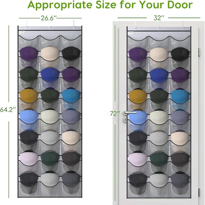 Unjumbly Baseball Hat Rack, 24 Pocket Over-The-Door Hat Organizer with Clear Deep Pockets to Display Baseball Caps Collection