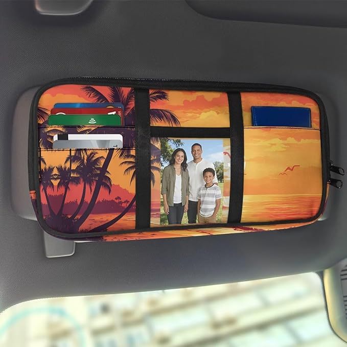 Sunset Palm Trees Car Sun Visor Organizer Fashion Car Sun Visor Storage Bag with Multi-Pocket Easy to Store Fits for Cars SUV Keep Tidy