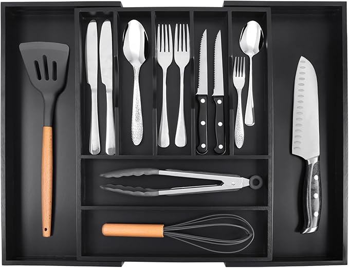 Bellsal Large Premium Bamboo Silverware Organizer - Expandable Utensil Drawer Organizer - 17"x19.6" Utensil Holder and Cutler