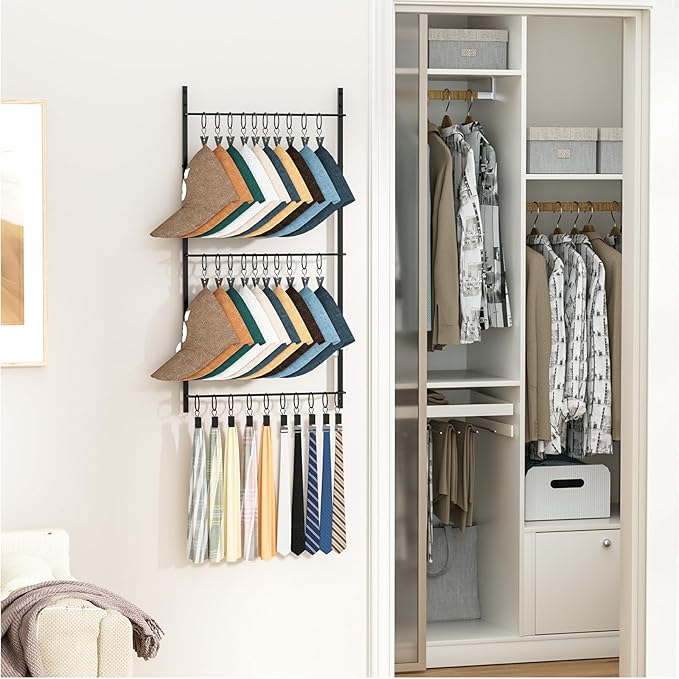 HapiRm Over Door Hat Rack - 3 Tier Wall Mounted Hat Organizer with 30 Movable Clips, Baseball Cap Organizer Storage Holds up 