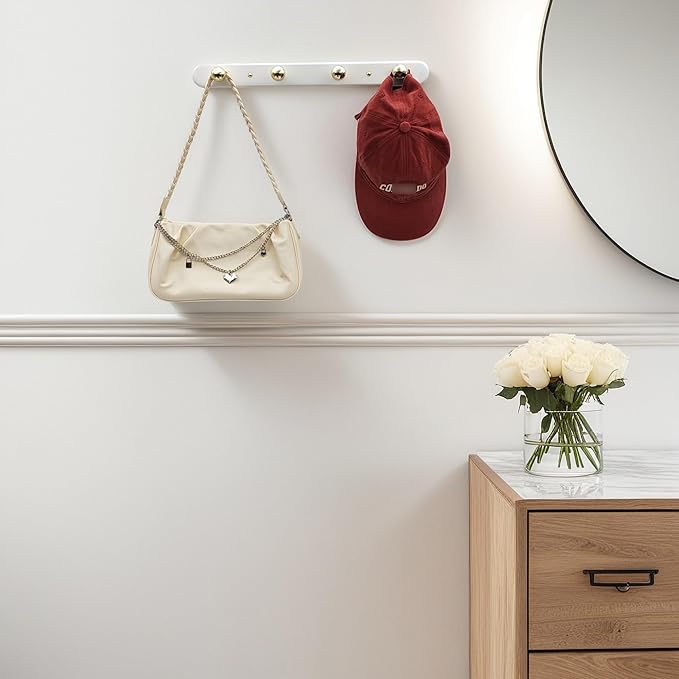 Wall Mounted Coat Hook Rack with Gold Hooks 2 Pack, Modern Wood Wall Organizer for Hanging Coats, Hats, Towels, Bags,Jackets,