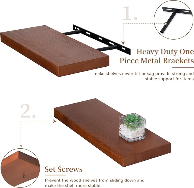 Marsmiles Wood Floating Shelves | Rustic Mahogany Wood Wall Shelves Set of 2 | 16" W x 6.7" D Wooden Floating Shelves for Bat