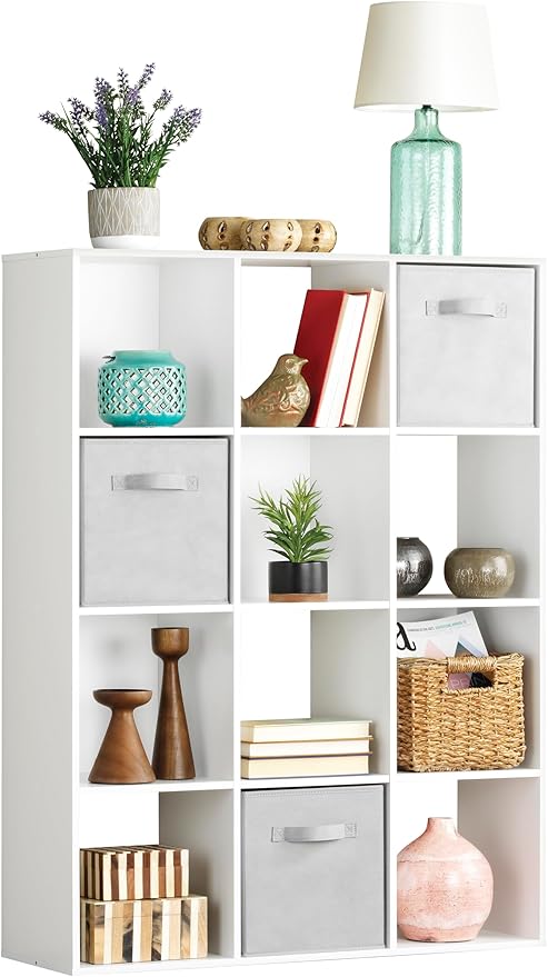 Whitmor 12 Cube Bookcase, 4 Tier Stackable MDF Bookself, Open Storage Display Organizer, Storage Cabinet for Living Room, Bed