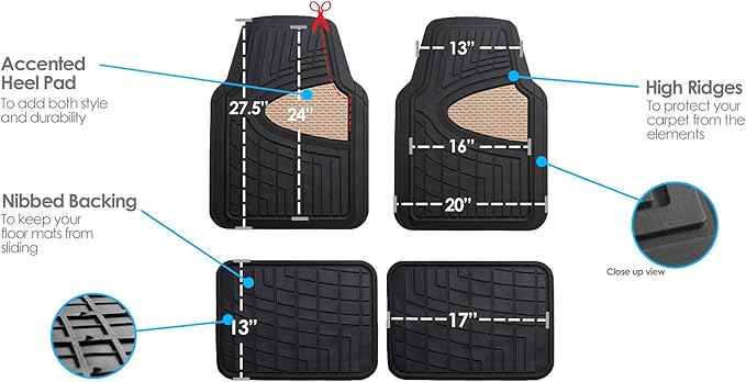FH Group Premium Liners Tall Channel Trimmable All Weather Rubber Full Set Car Floor Mats (Beige) w. Trimmable All-Season Cargo Liner (Black) - Universal Fit for Cars Trucks and SUVs