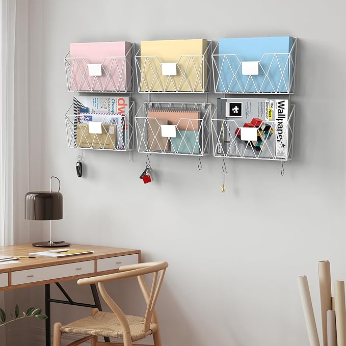 YBING Wall File Organizer White 6 Pack Mesh Hanging File Holder Organizer Metal Wire Mail Organizer Wall Mounted Office Paper
