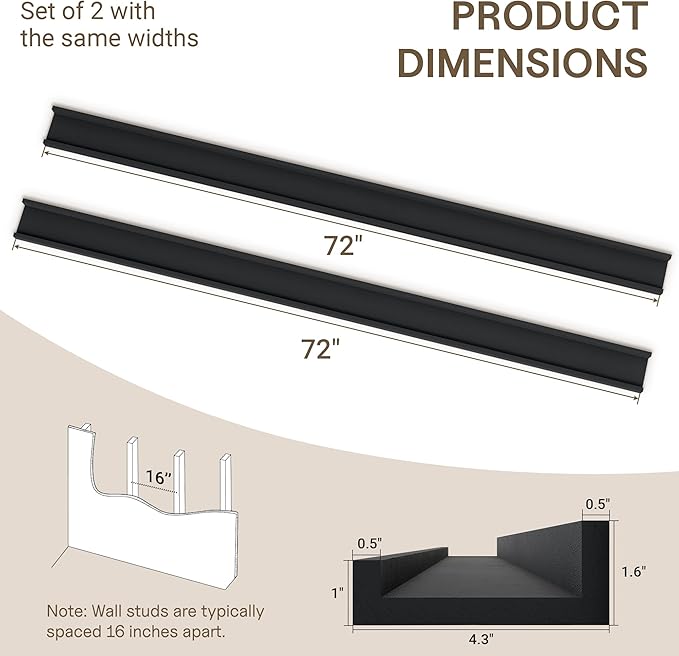 Fun Memories Long Wall Shelves Set of 2-72 Inch Floating Shelves for Wall - Picture Ledge Shelf with Lip for Storage - Wall -