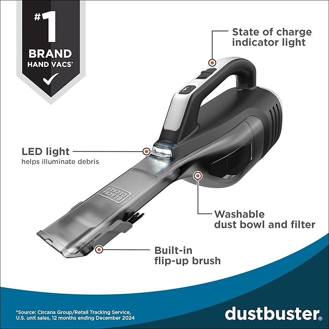BLACK+DECKER Dustbuster Reveal Handheld Vacuum Cordless, Car Vacuum Portable Cordless, LED Light, Long Run Time, Rechargeable