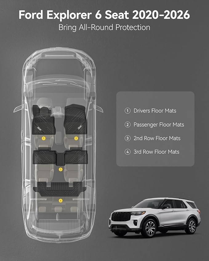 3W Ford Explorer Floor Mats Fit for 2020-2025 2026 Explorer 6 Passenger, TPE All Weather Floor Liner Custom Fit for Explorer Full Set Accessories 3-Rows Car Liners (Includes Explorer Hybrid)