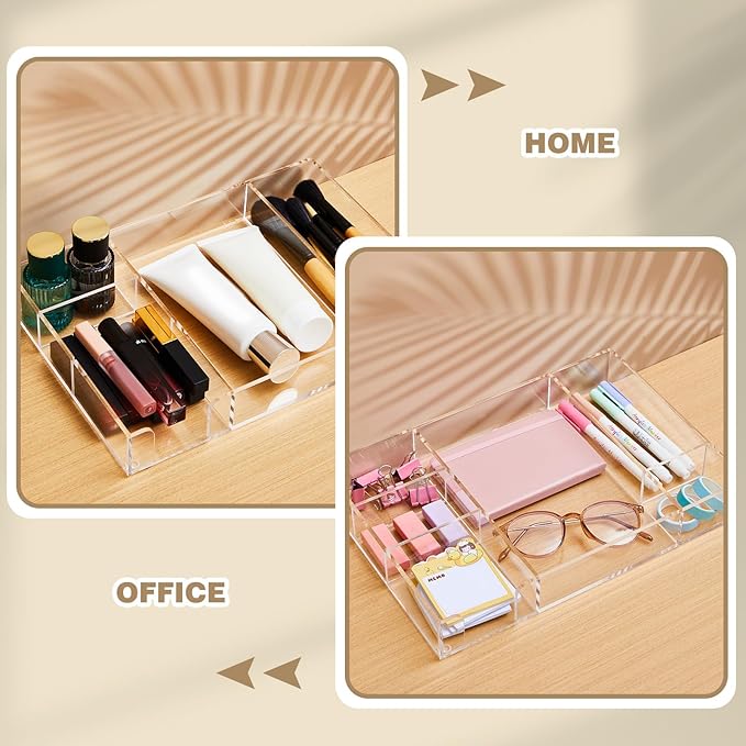 Briwooody Acrylic Drawer Organizer Clear Desk Drawer Organizer Trays with Adjustable Compartments Desk Accessories for Office