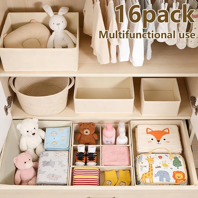 Drawer Organizer Clothes, 16 Pack Dresser Organizer Bins, Foldable Closet Organizers and Storage Fabric Dresser Bins, Shallow