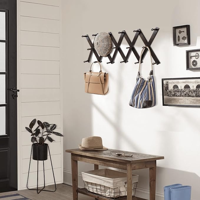 Homode Accordion Wall Hanger, Hat Hangers Wall Mounted, Wood Accordian Coat Rack with 17 Hooks, Expandable Peg Rack Wall Orga