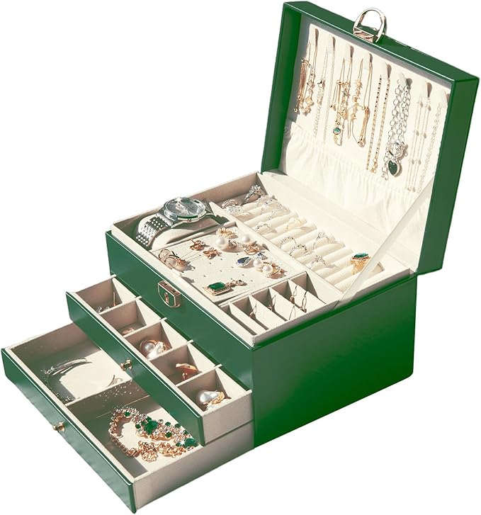Jewelry Organizer Box PU Leather Double-Layer Pull-Out Drawer & Multiple Compartments - Premium Jewelry Storage for Necklaces