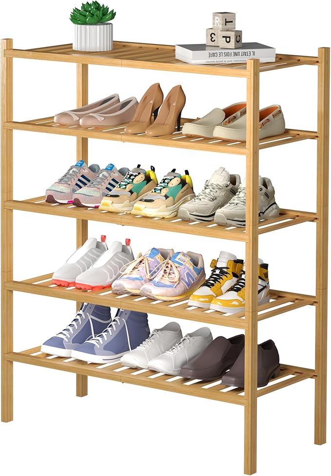 ROMGUAR CRAFT 5 Tier Bamboo Shoe Rack for Closet Free Standing Wood Shoe Shelf for Entryway Small Space Stackable 27"x11"x33"