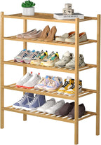 ROMGUAR CRAFT 5 Tier Bamboo Shoe Rack for Closet Free Standing Wood Shoe Shelf for Entryway Small Space Stackable 27"x11"x33"