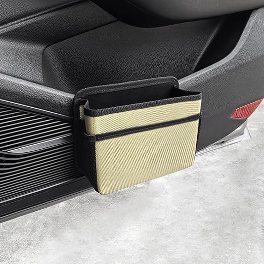 Car Trash Can, Foldable Multifunctional Hanging Storage Box Trash Can with a Roll of Garbage Bag, Multi Pocket Design Suitable for Car, Home and Office (Beige)