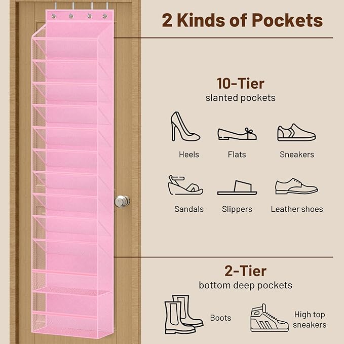 MISSLO 12 Tier Over the Door Shoe Organizer Breathable Mesh Hanging Shoe Rack for Closet Storage Shoe Holder for Door Fit 24 