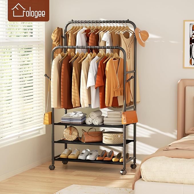Furologee Clothes Racks for Hanging Clothes, Portable Rolling Garment Rack, Sturdy Metal Freestanding Cloths Racks with Wheel