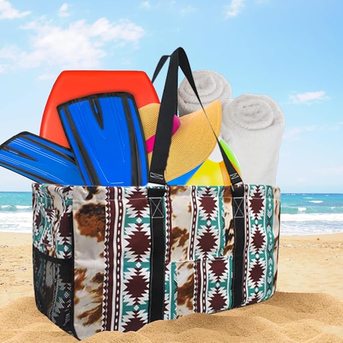 NGIL Extra Large Utility Tote Reusable Grocery Bag Oversized Collapsible for Groceries, Storage, Picnic, Beach (Western Cow-Black)