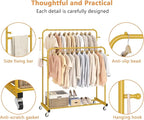 Laiensia Double Rods Garment Rack with Wheels, Clothing Rack for Hanging Clothes,4 Hooks, Multi-functional Bedroom Clothes Ra