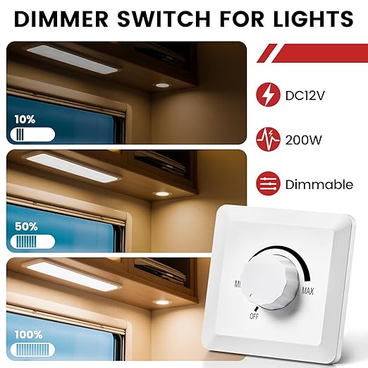 GZV 12V Dimmer Switch, 200W PWM Dimmer Switch - Adjustable Brightness for LED, Halogen, Incandescent & Strip Lights - Compatible with RV, Auto, Truck, Marine, White, 2Pack