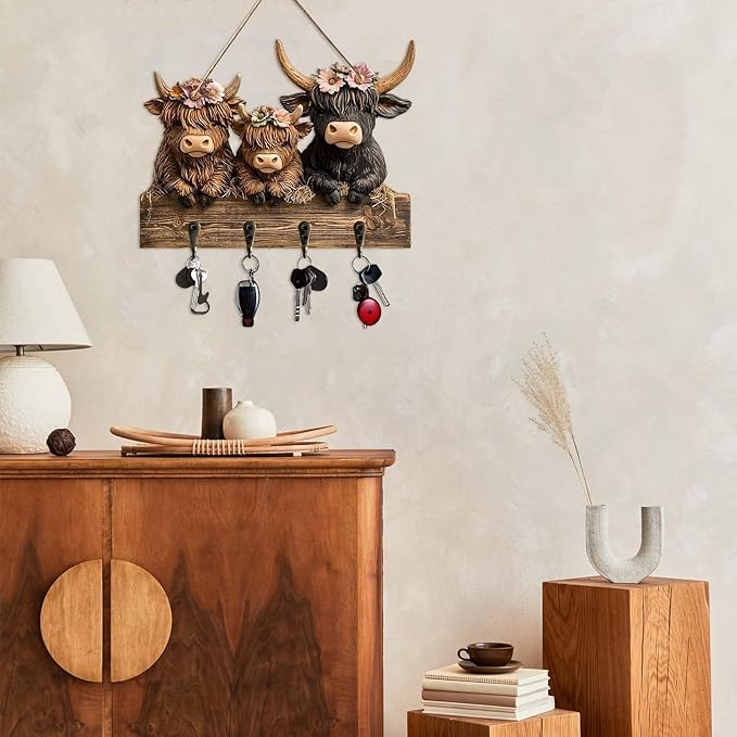 2D Highland Cow Key Hooks for Wall - Wooden Key Holder and Organizer with Flat Design for Home, Office, or Garage Decor