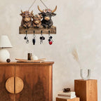 2D Highland Cow Key Hooks for Wall - Wooden Key Holder and Organizer with Flat Design for Home, Office, or Garage Decor