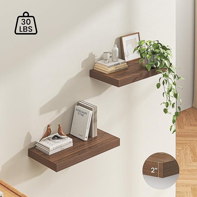 Dreamland 24" Floating Shelves for Wall, 12" Deep Thicker Walnut Floating Shelves, Wall-Mounted Shelves for Bedroom, Living R