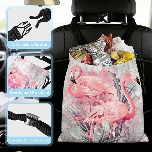 Flamingos Car Trash Bag - Waterproof Car Trash Bag Hanging Leakproof Car Garbage Bag - Washable Reusable Trash Bag for Car Interior Hanging Organizer Storage Vehicle Travelling Camping
